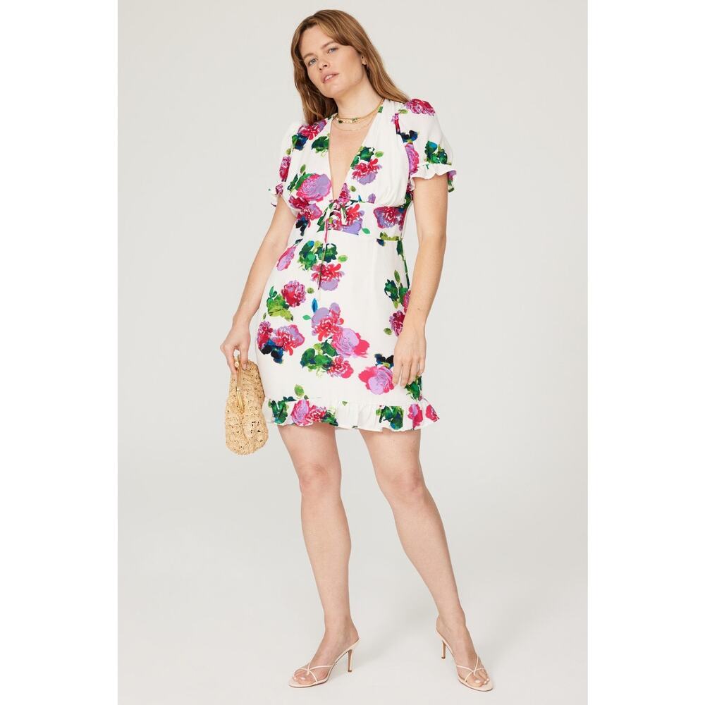Ashley Park White Floral Print Lace Up Corset Ruffle Hem V-Neck Mini Dress 12